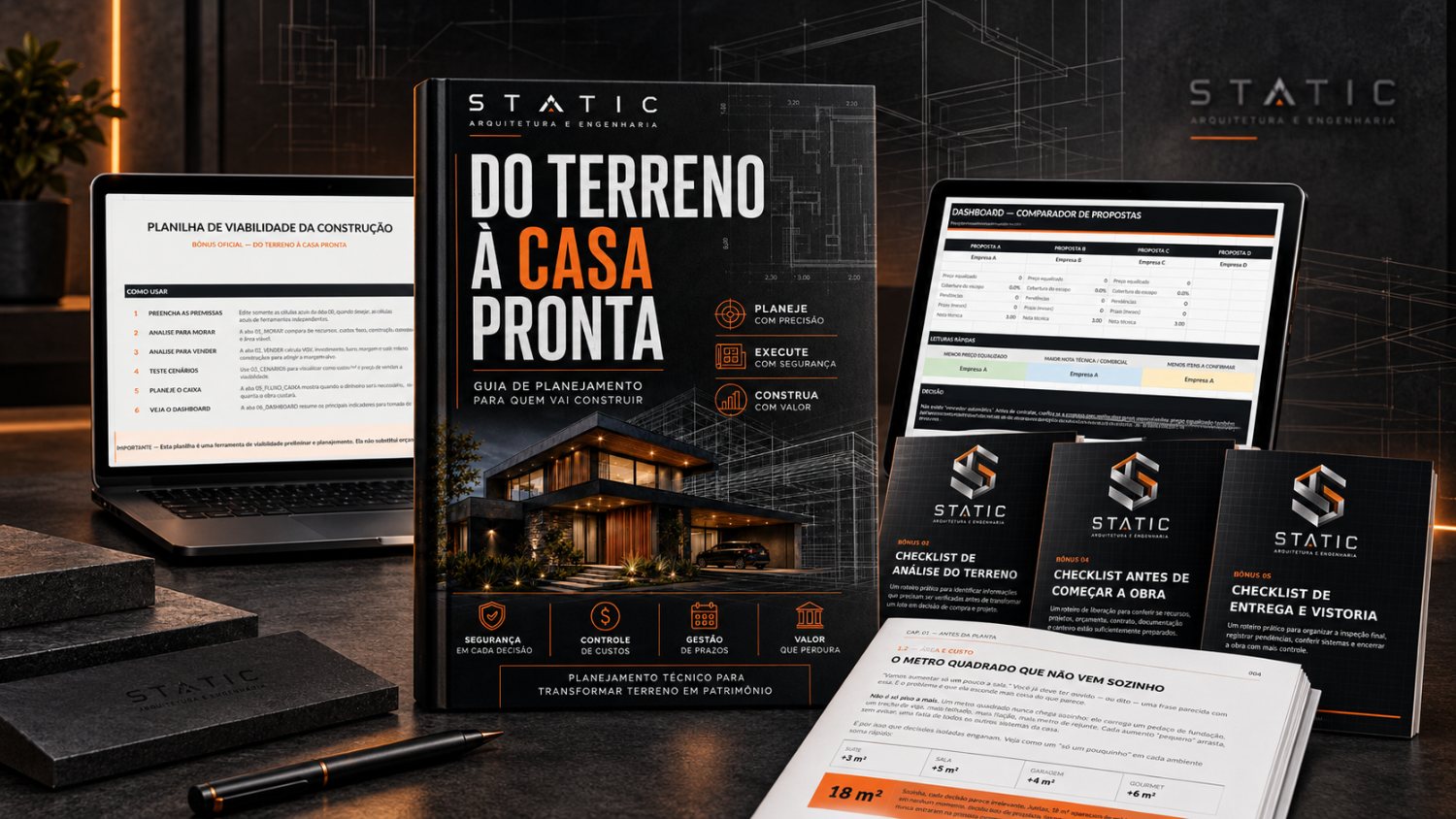 Ebook Do Terreno à Casa Pronta ao lado da planilha de viabilidade, do comparador de propostas e dos três checklists impressos