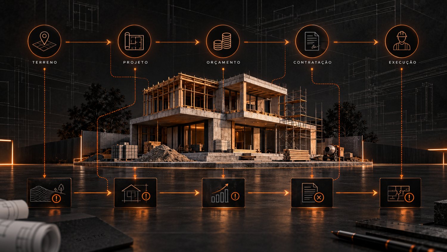 Diagrama STATIC ligando terreno, projeto, orçamento, contratação e execução aos riscos correspondentes de cada etapa