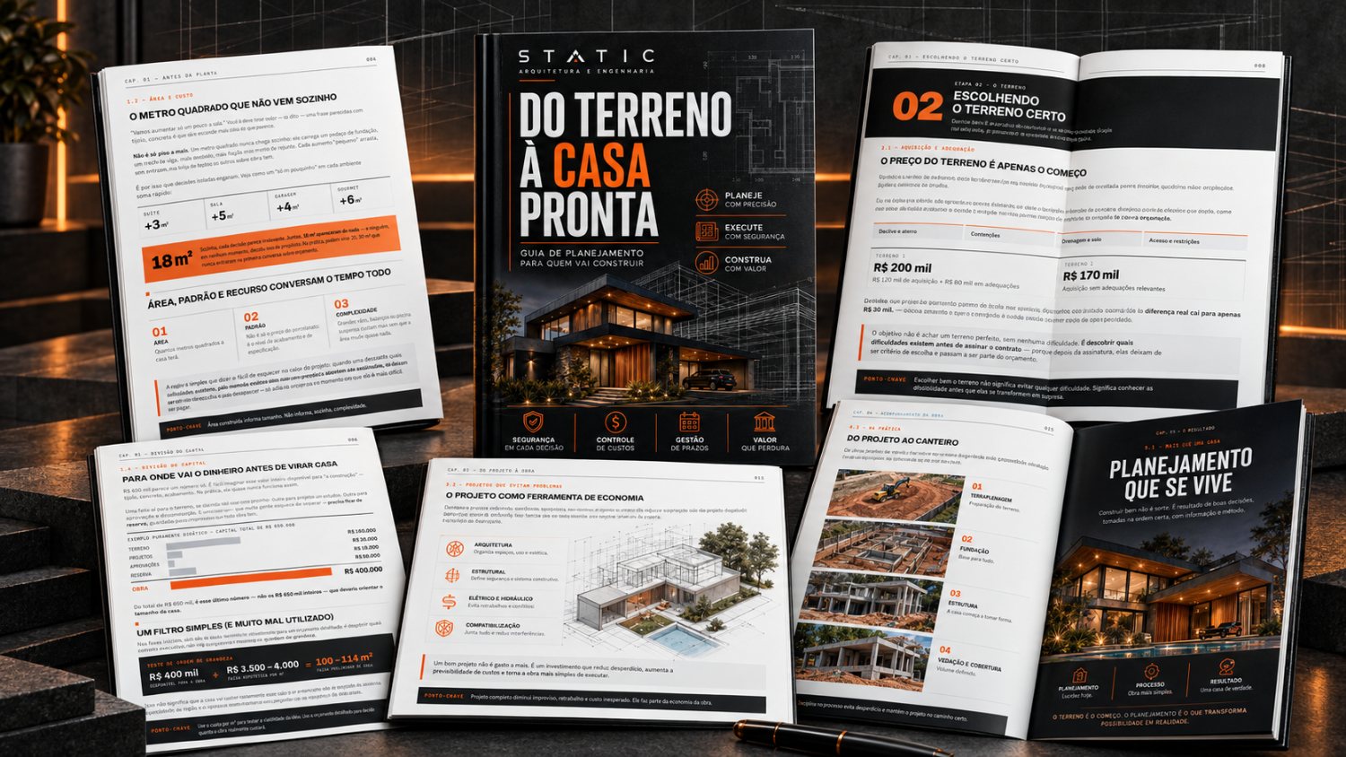 Páginas internas reais do ebook Do Terreno à Casa Pronta, com infográficos, tabelas e fotografias de obra