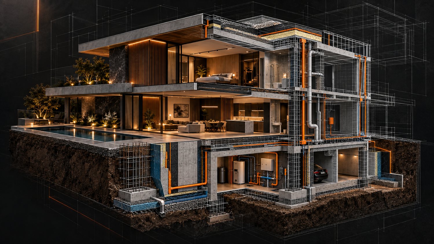 Corte tridimensional de uma residência mostrando fundação, estrutura, hidráulica, elétrica, impermeabilização e cobertura