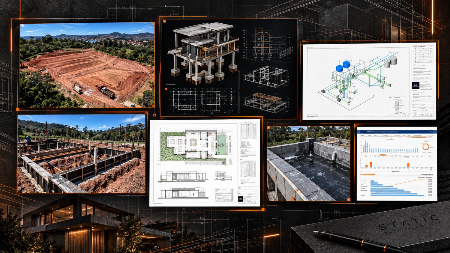 Colagem técnica STATIC com terraplenagem, projeto estrutural, instalações, execução e dashboard de obra