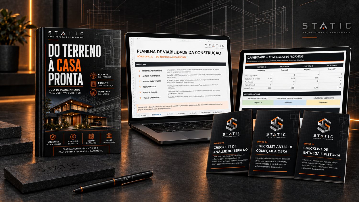 Kit completo: ebook Do Terreno à Casa Pronta, planilha de viabilidade, comparador de propostas e três checklists