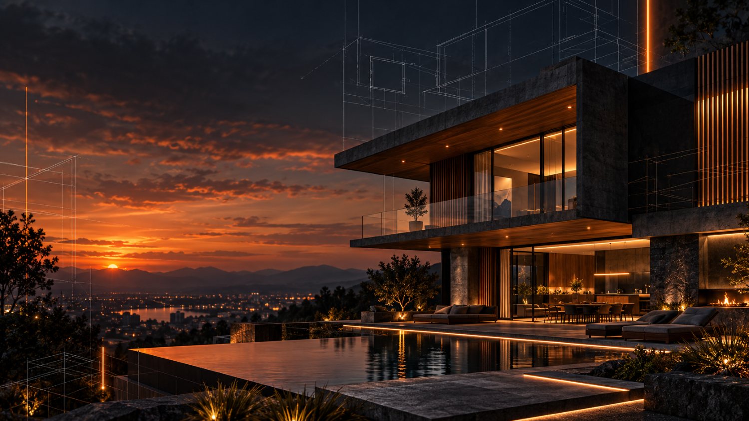 Residência concluída ao entardecer, com piscina e iluminação acesa