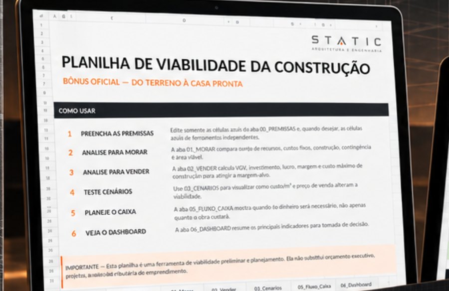 Tela real da Planilha de Viabilidade da Construção, com as abas de premissas, morar, vender, cenários, fluxo de caixa e dashboard