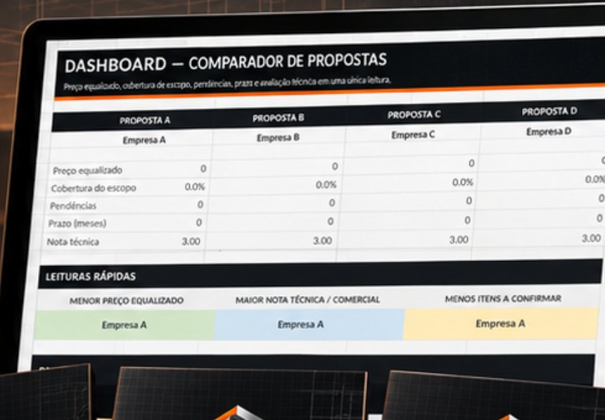 Dashboard real do comparador de propostas, com preço equalizado, cobertura de escopo, pendências, prazo e nota técnica das quatro propostas