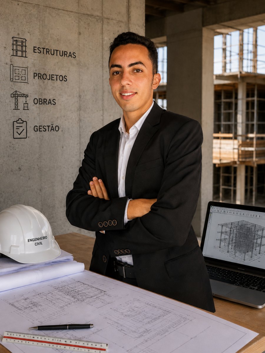 Eng. Civil Wilky Ramos Emiliano em obra, com capacete, pranchas de projeto e modelo estrutural no notebook